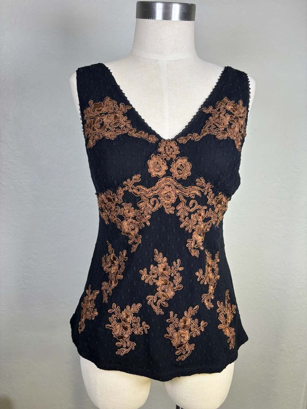 INC International Concepts Black And Bronze Floral Applique Mesh Tank Top